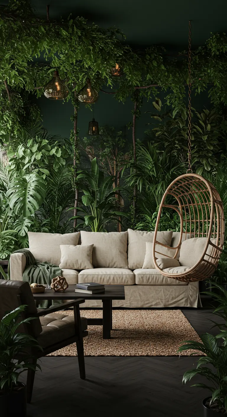 Sala de estar exuberante llena de plantas de interior con paredes verdes y un sofá de color neutro.