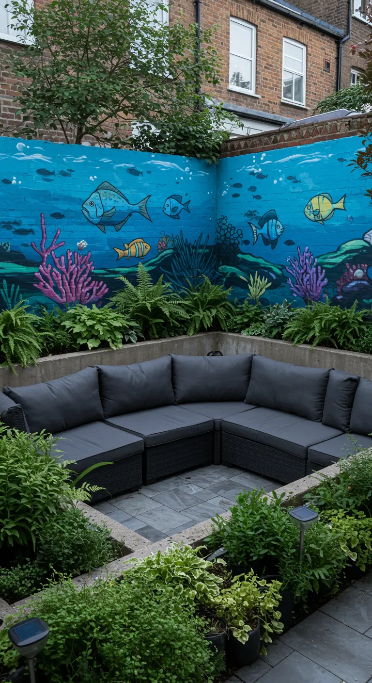Patio hundido con un mural de peces y vida marina que rodea un sofá modular oscuro