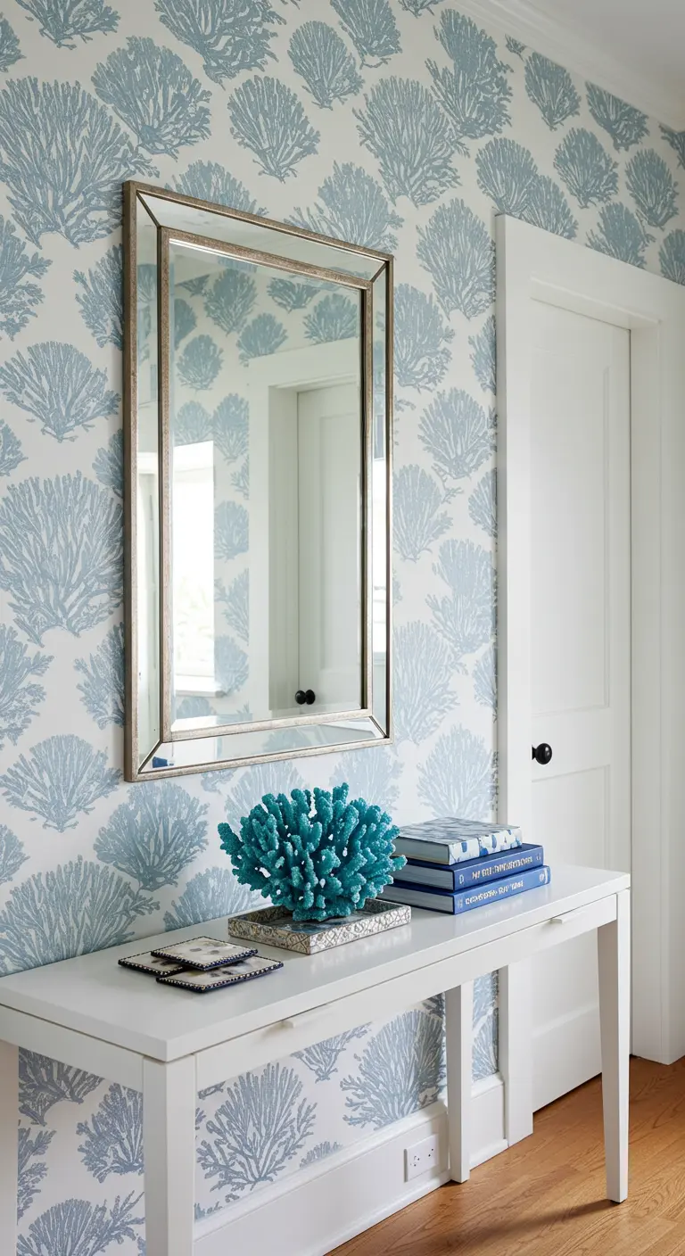 Recibidor con papel pintado de corales azules, espejo y consola blanca.