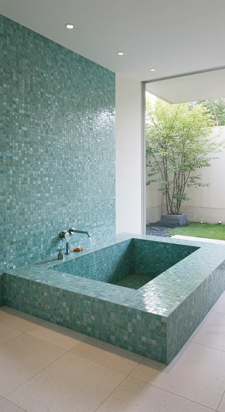 Bañera de obra revestida de mosaico verde-azulado con vistas a un jardín interior