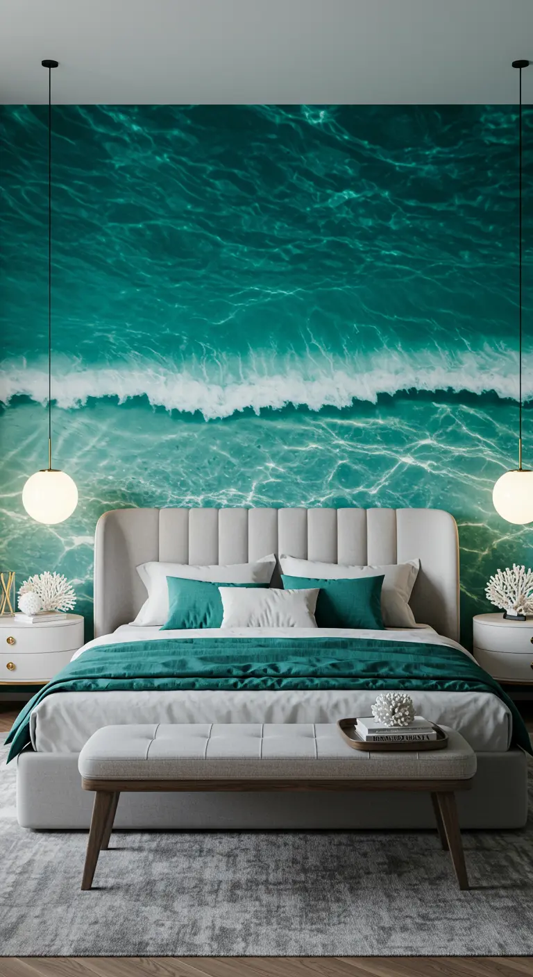 Dormitorio con un gran fotomural de una ola turquesa y decoración en tonos blancos y azules.