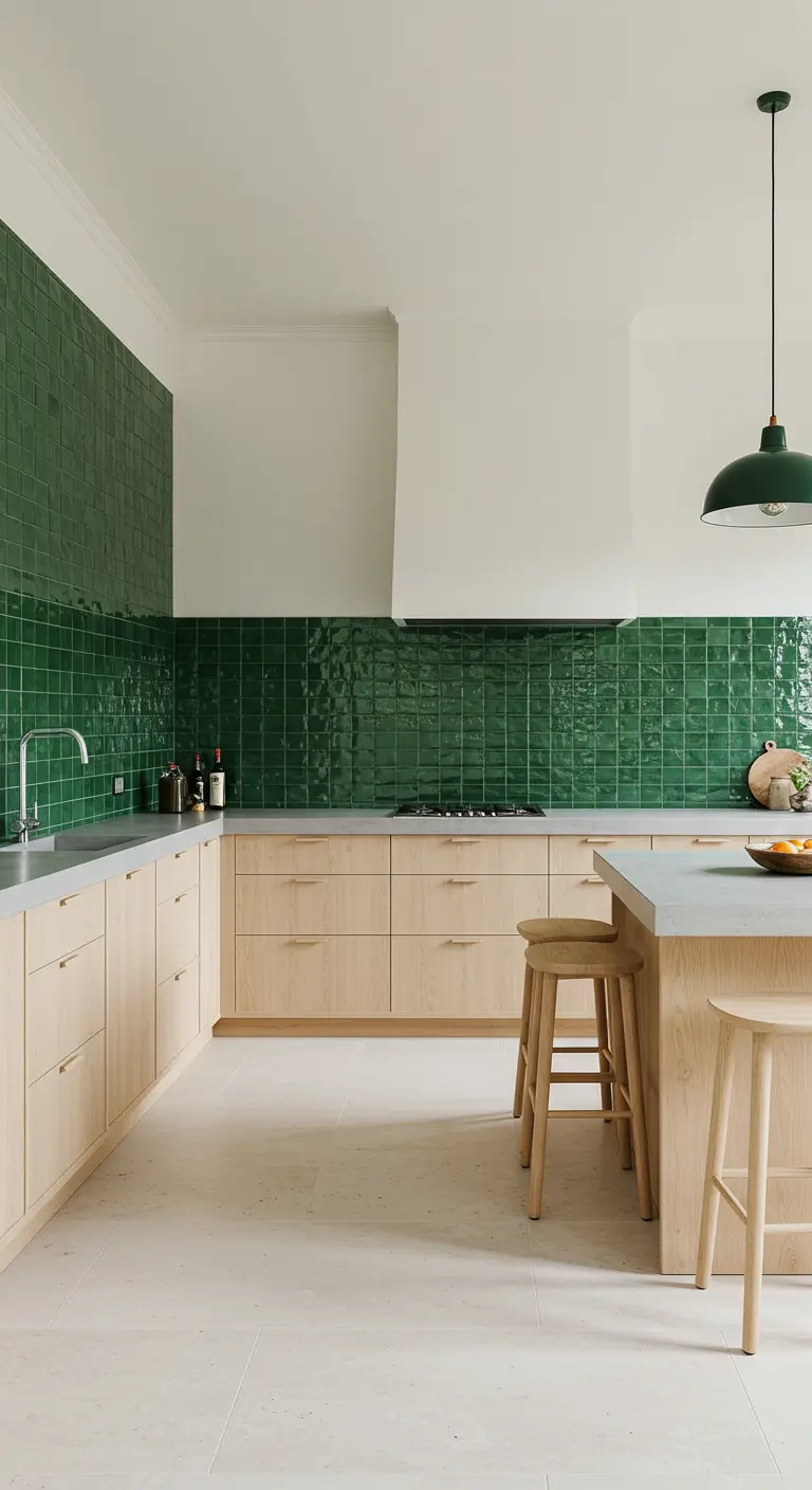 Cocina moderna con salpicadero de azulejos verdes brillantes y gabinetes de madera clara.