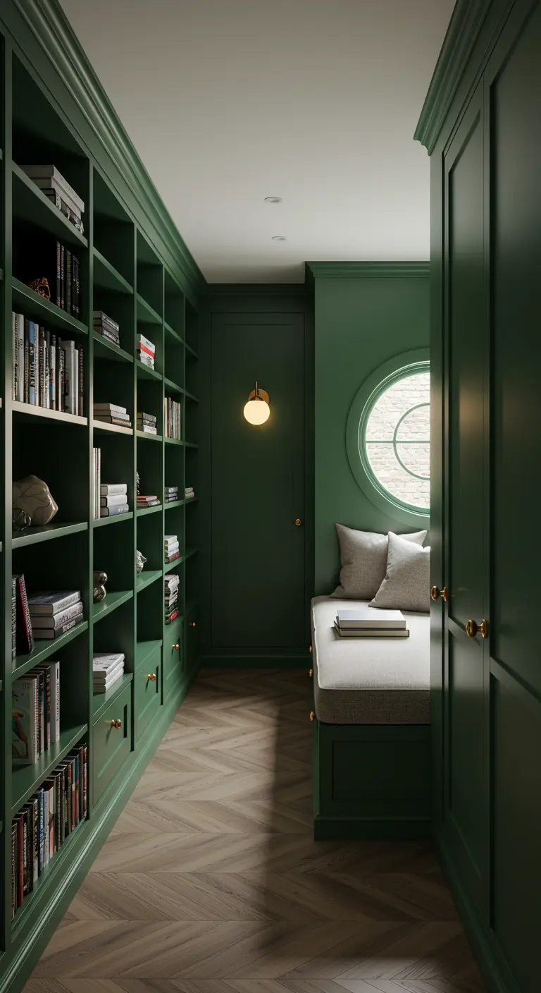 Pasillo largo transformado en biblioteca con estanterías y paredes de color verde oscuro.