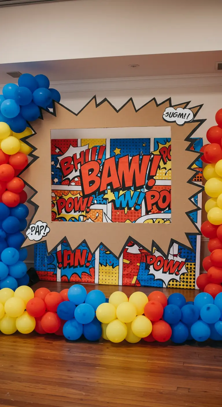 Marco de photocall de cartón con forma de explosión de cómic rodeado de globos de colores.