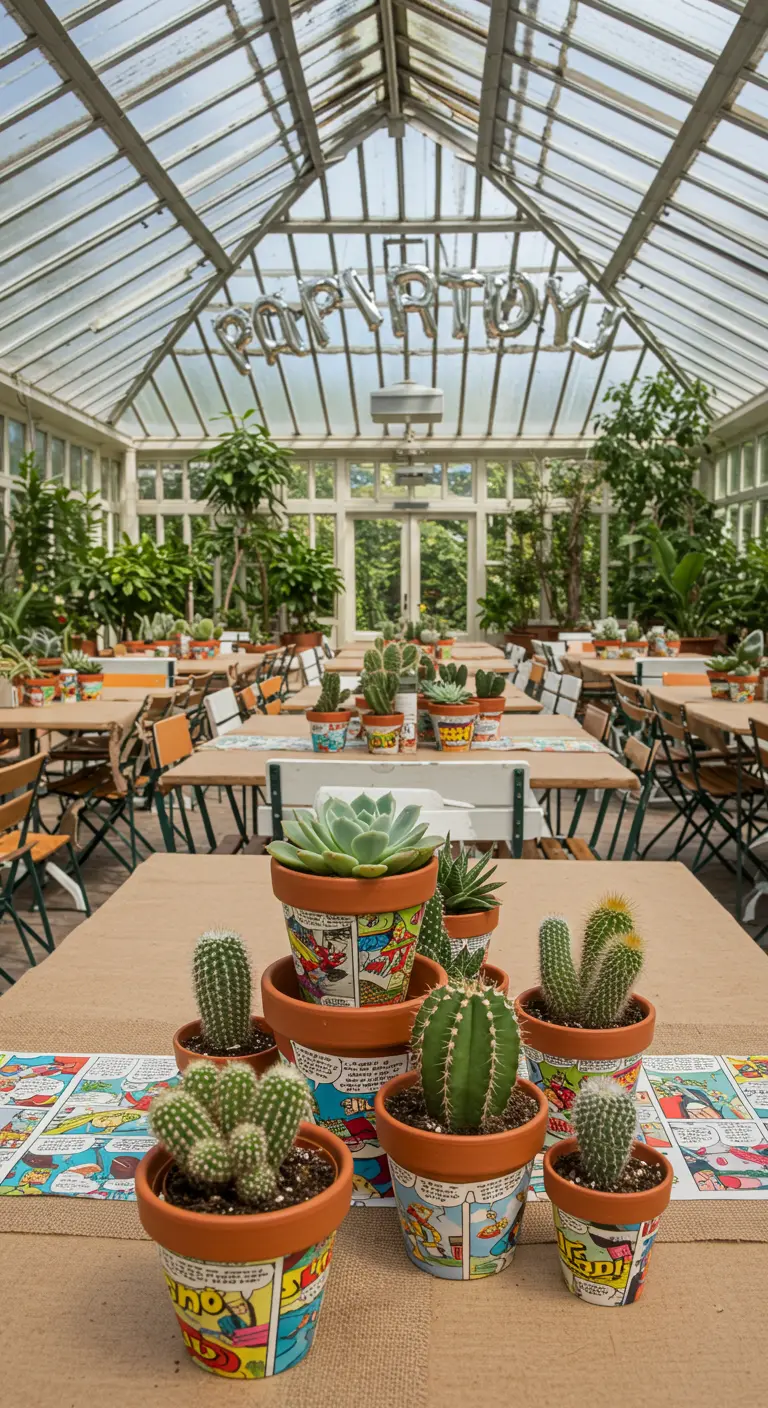 Grupo de cactus y suculentas en macetas de terracota decoradas con cómics.