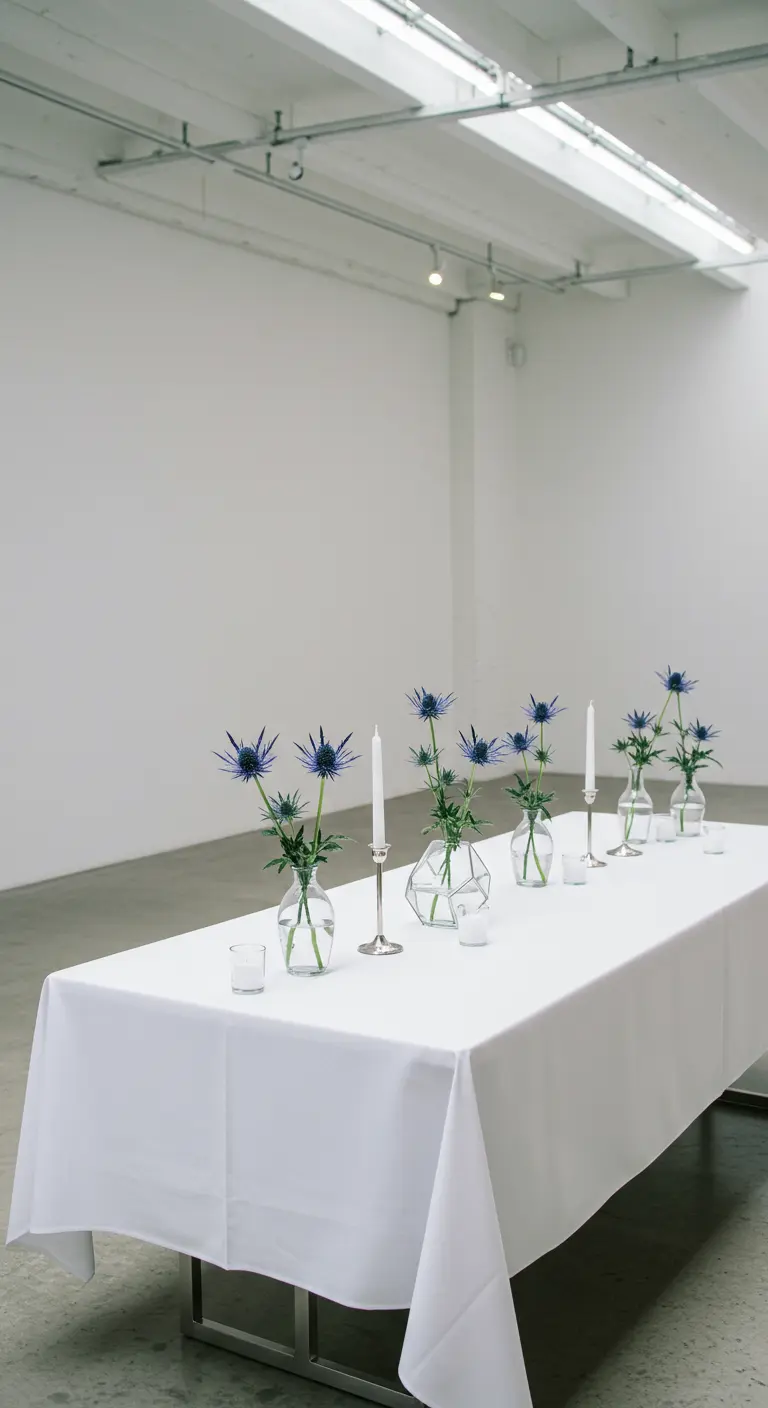 Mesa de bautizo minimalista con mantel blanco y cardos azules en jarrones de cristal.