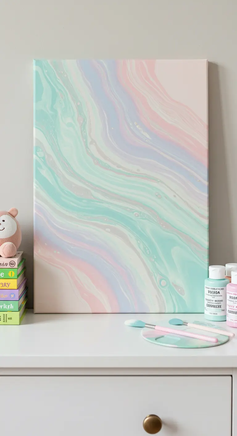 Lienzo de pintura fluida con suaves ondas en tonos pastel como menta, rosa y azul