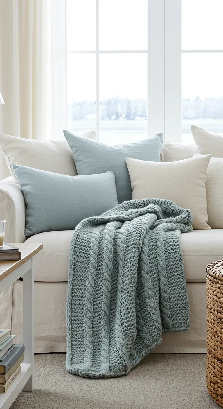 Sofá blanco con cojines en tonos crema y azul claro, y una manta de punto azul.