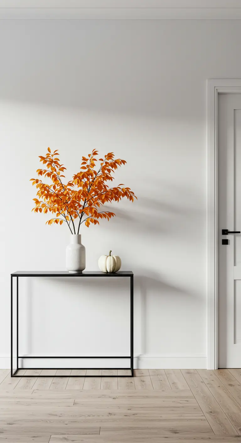 Consola negra minimalista con un jarrón blanco con ramas de hojas naranjas y una calabaza.