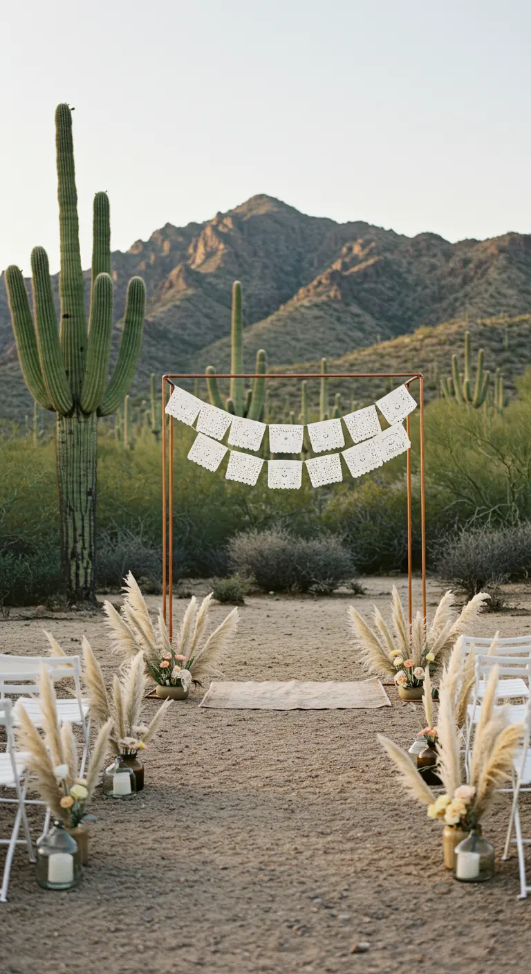 Altar de boda minimalista con papel picado blanco en un paisaje desértico con cactus.