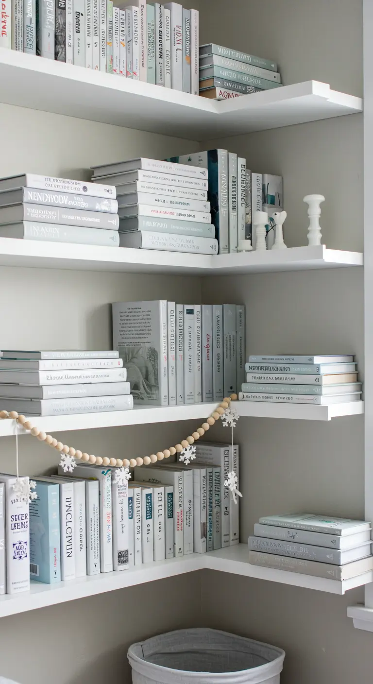 Estantería blanca con libros y una guirnalda de cuentas de madera y copos de nieve.