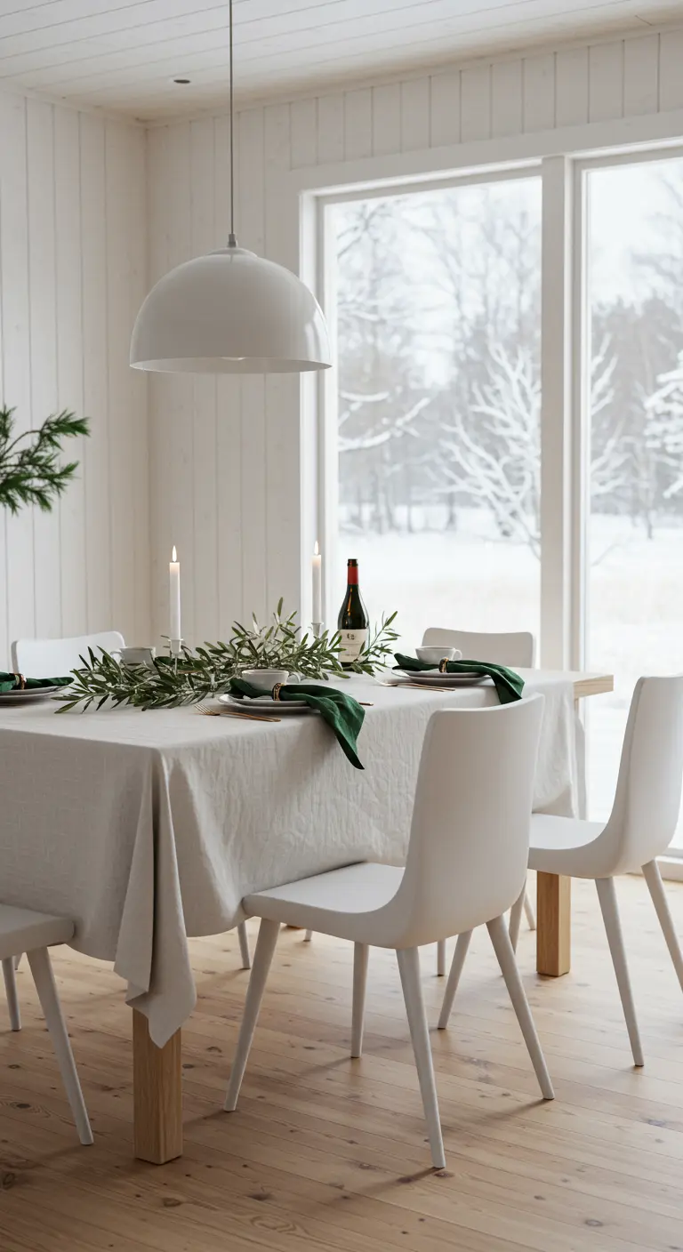 Comedor minimalista con mesa blanca, mantel blanco y un centro de mesa de ramas de olivo.