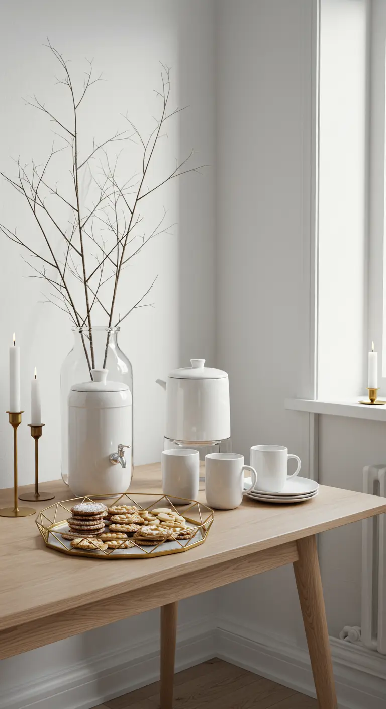 Mesa de postres minimalista con vajilla blanca, ramas secas en un jarrón y detalles dorados.