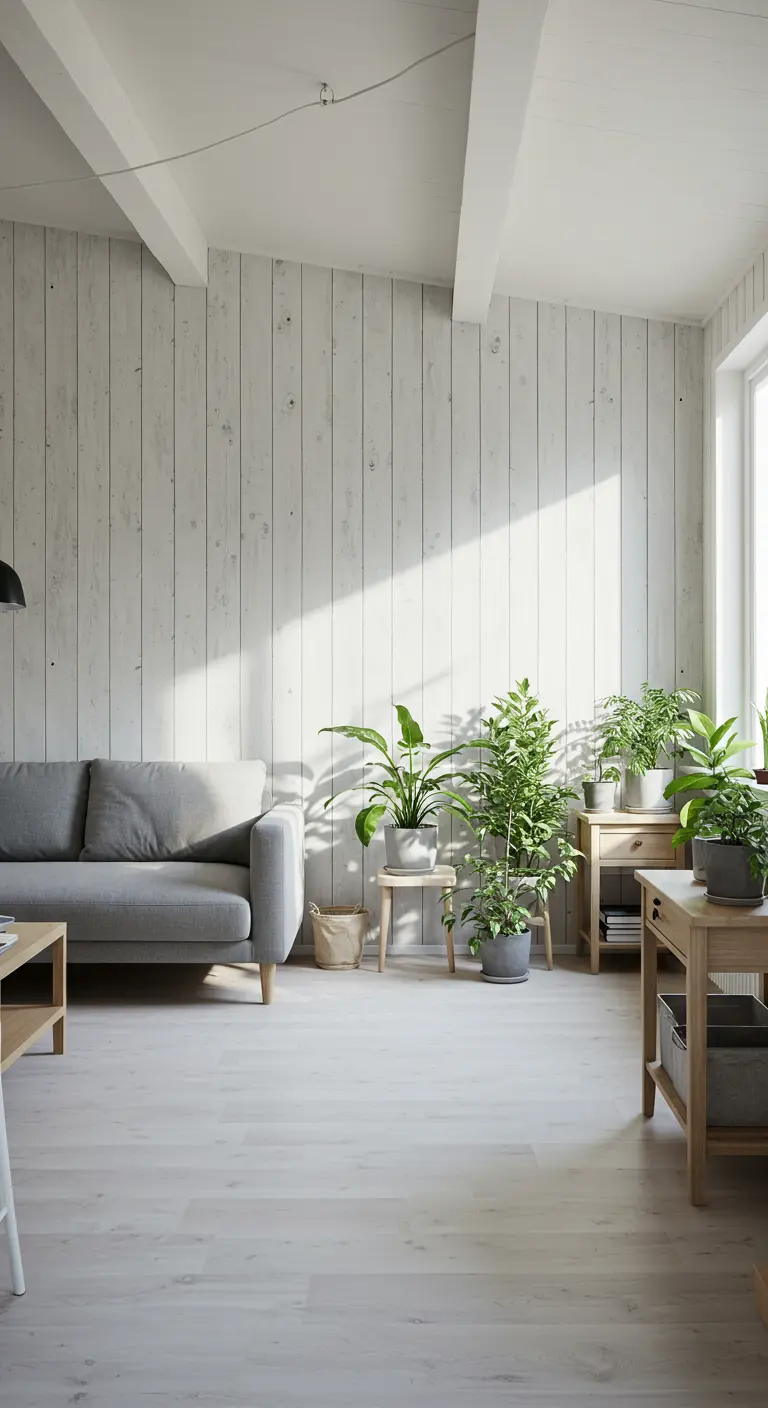 Sala de estar luminosa con una pared de madera blanca vertical y un sofá gris claro.