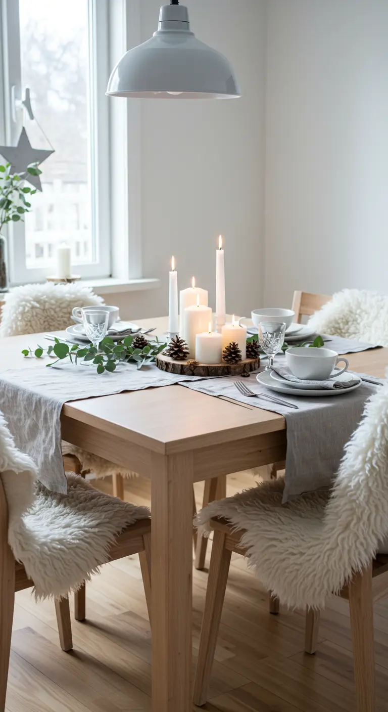 Centro de mesa de estilo escandinavo con velas blancas sobre una rodaja de madera y piñas.