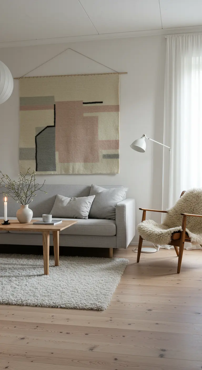 Sala de estar escandinava con un tapiz geométrico en tonos pastel y muebles de madera clara.