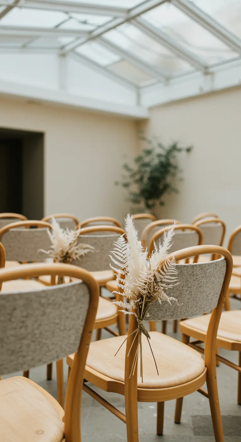 Sillas de madera clara con un pequeño ramo de helechos secos y hierba de pampa.