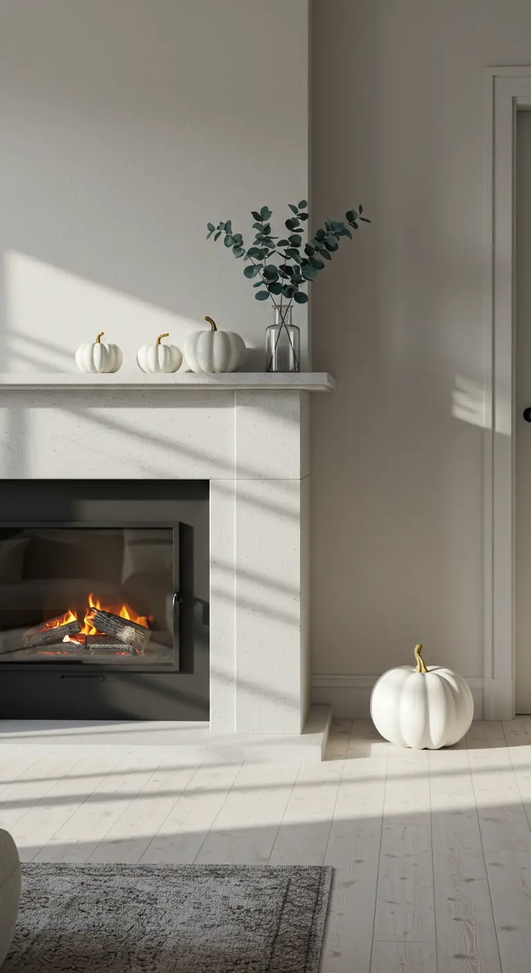 Chimenea blanca minimalista con tres calabazas blancas en la repisa y una grande en el suelo.