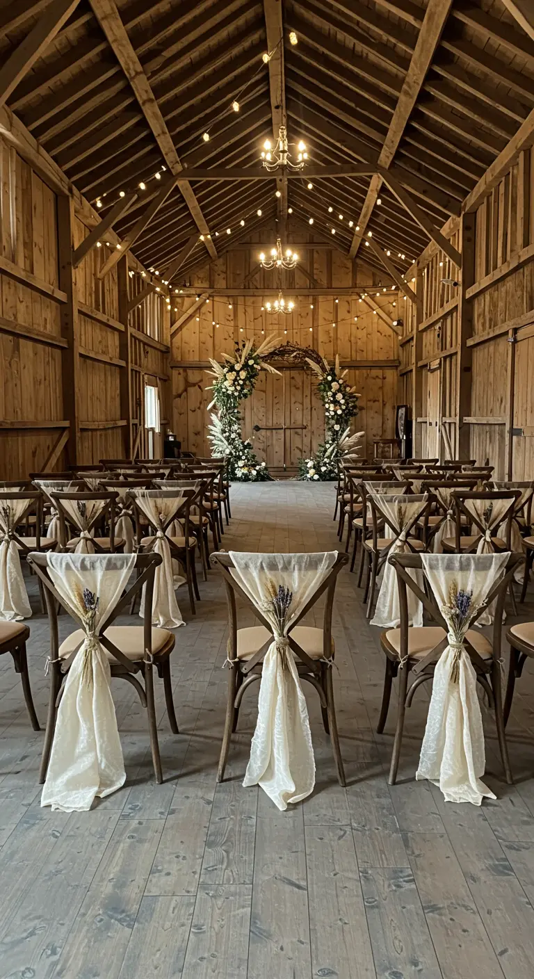Sillas de madera en un granero decoradas con tela cruda y lavanda seca para una boda.