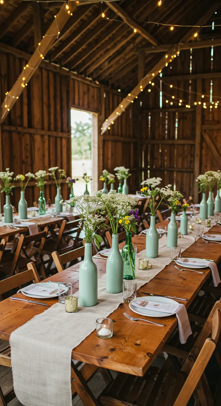 Mesas largas de madera en un granero rústico decoradas con botellas verde menta y flores blancas.