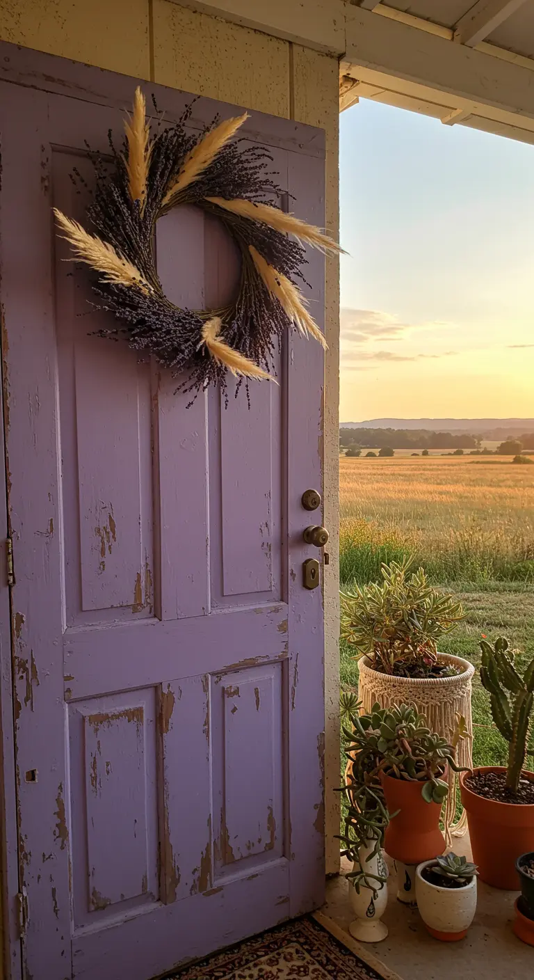 Corona de lavanda seca y hierba de la pampa en puerta lila.