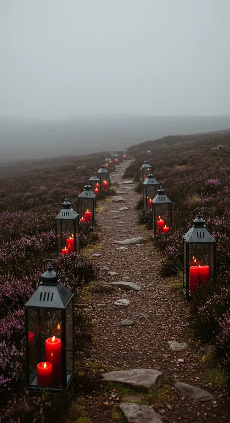 Sendero de piedra en un campo de brezo con faroles negros y velas rojas.