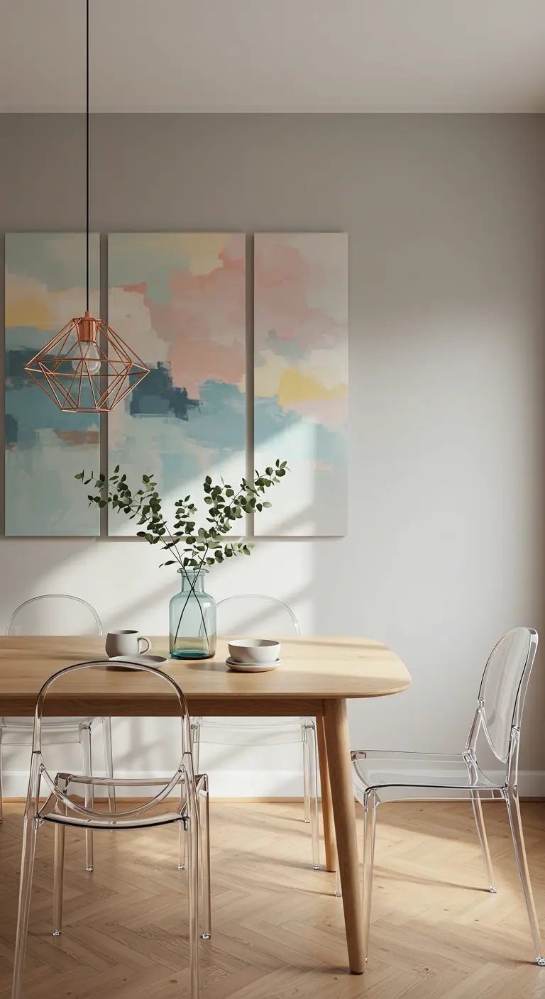 Comedor con tríptico de arte abstracto en tonos pastel y sillas transparentes.