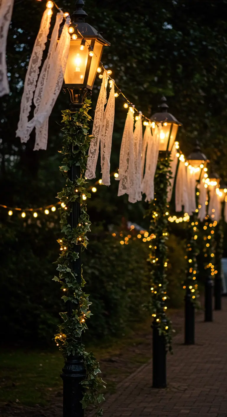 Farolas de noche decoradas con hiedra, luces cálidas y cintas de encaje blanco.