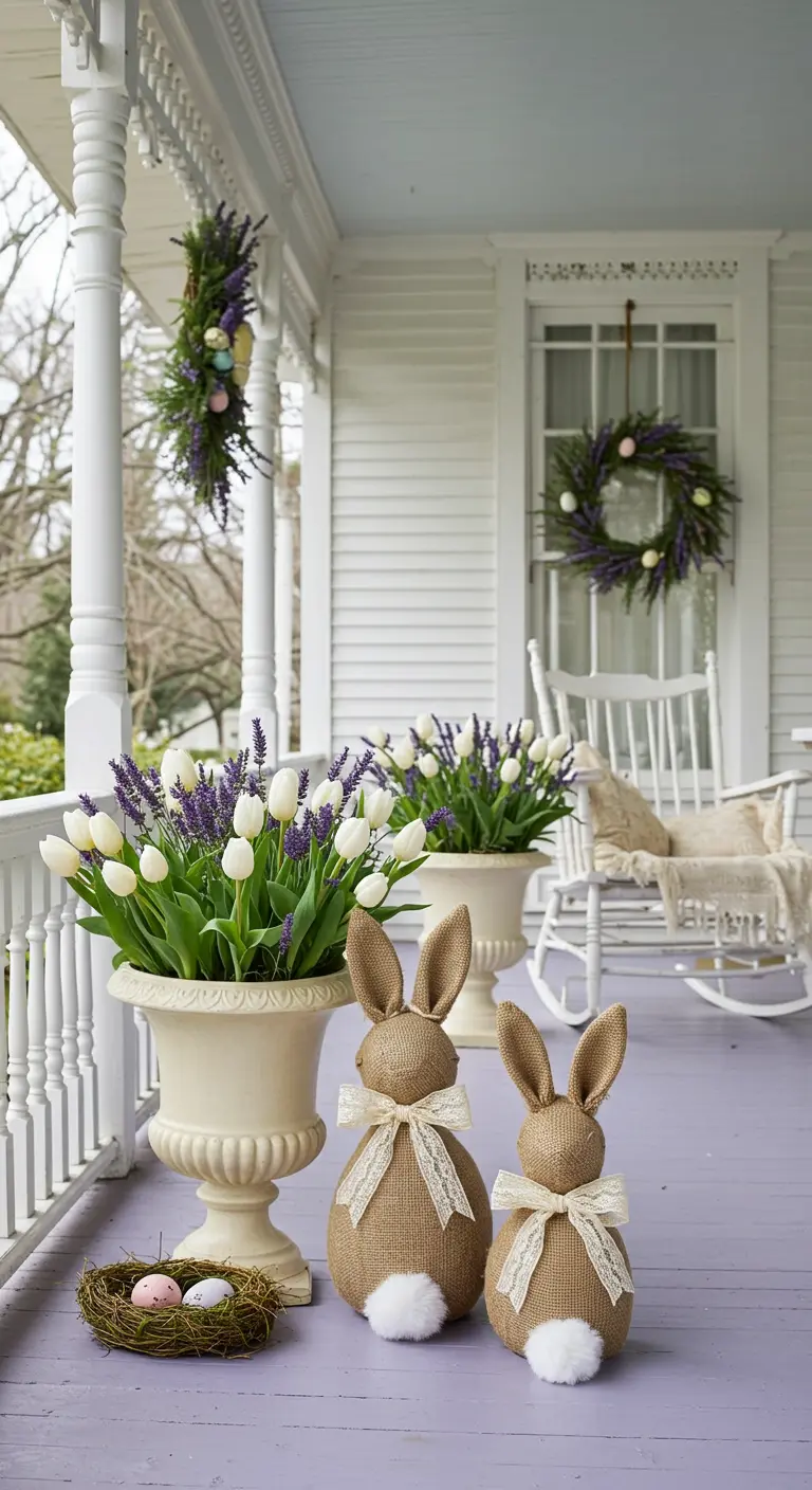 Porche lila con conejos de arpillera, flores de lavanda y tulipanes blancos