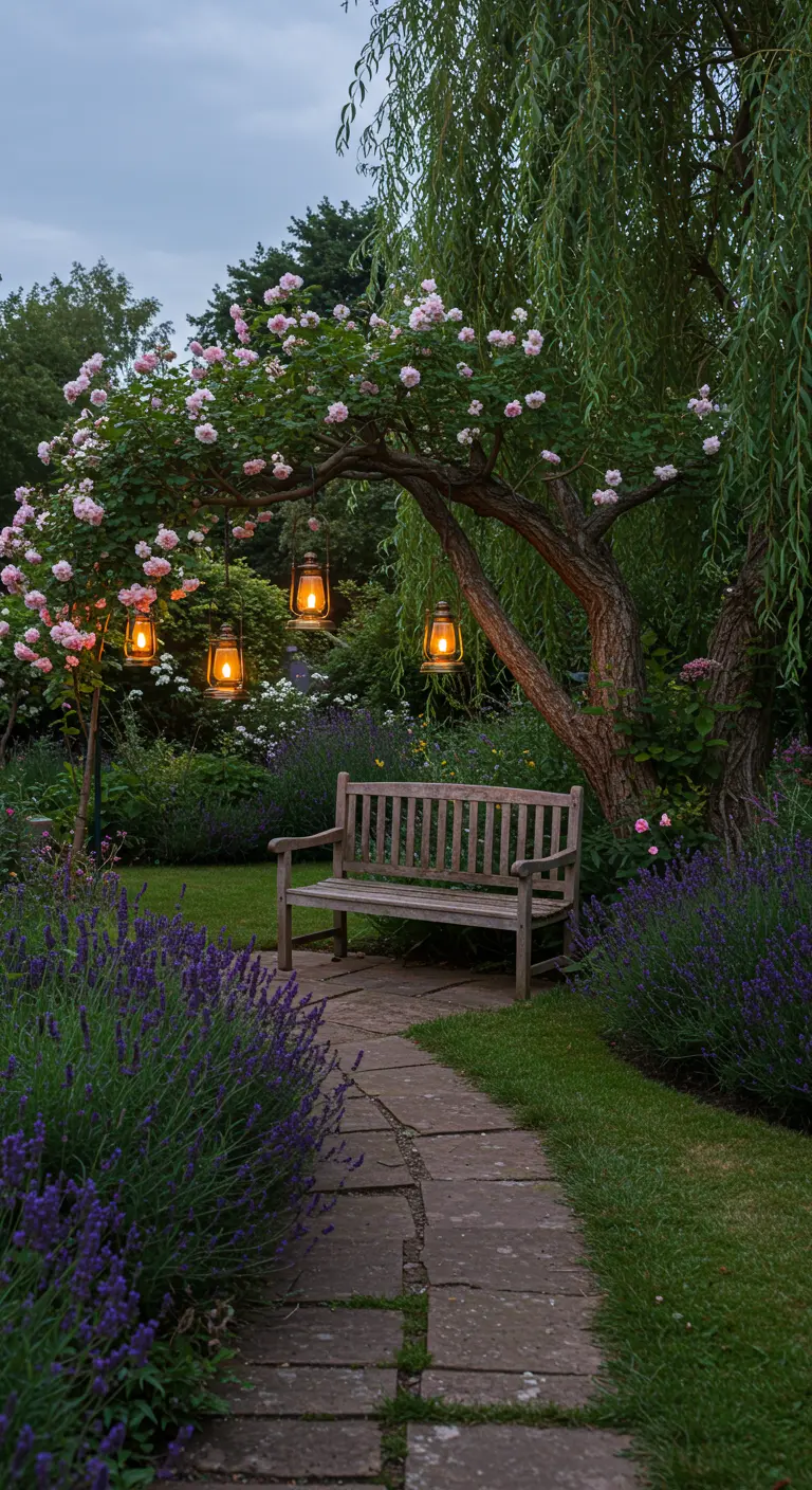 Un banco de madera bajo un rosal del que cuelgan lámparas de aceite encendidas en un jardín frondoso