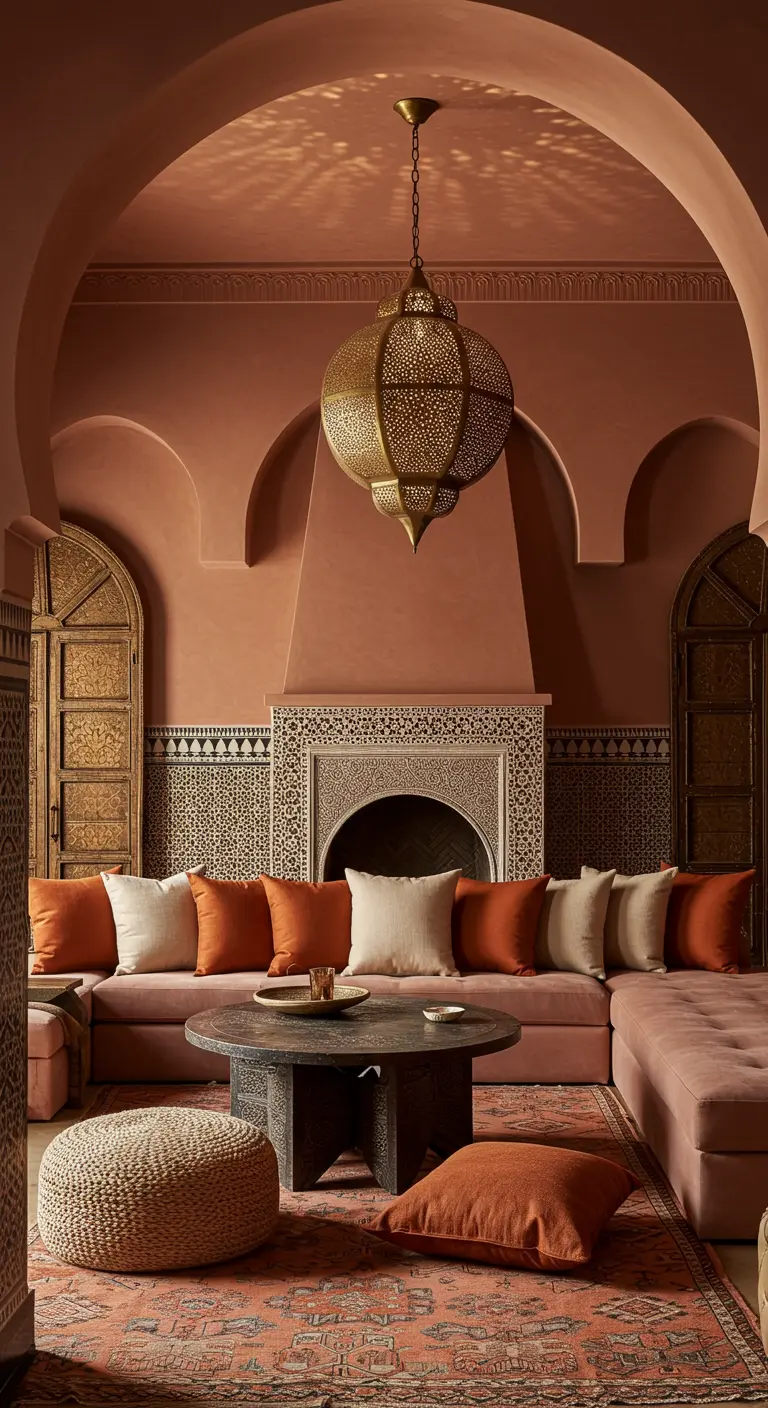 Salón de inspiración marroquí con paredes rosas, arcos y una gran lámpara de latón colgante.