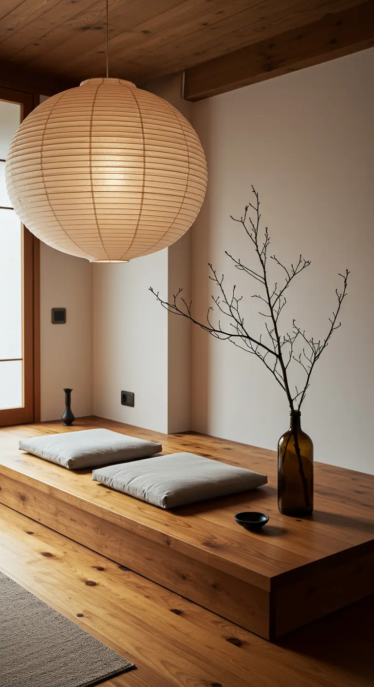 Lámpara de papel esférica de estilo japonés colgando en un espacio minimalista y sereno.