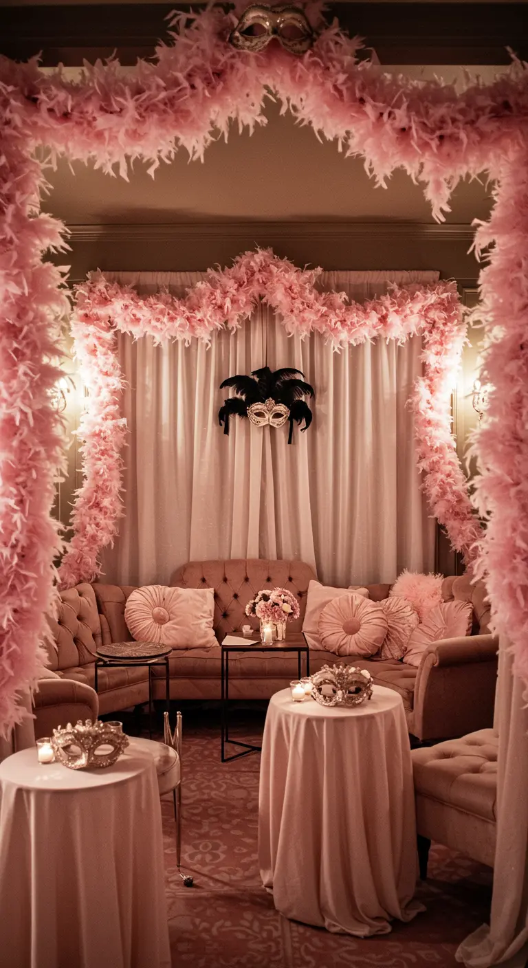 Salón decorado con guirnaldas de plumas rosas, sofás de terciopelo y máscaras venecianas.