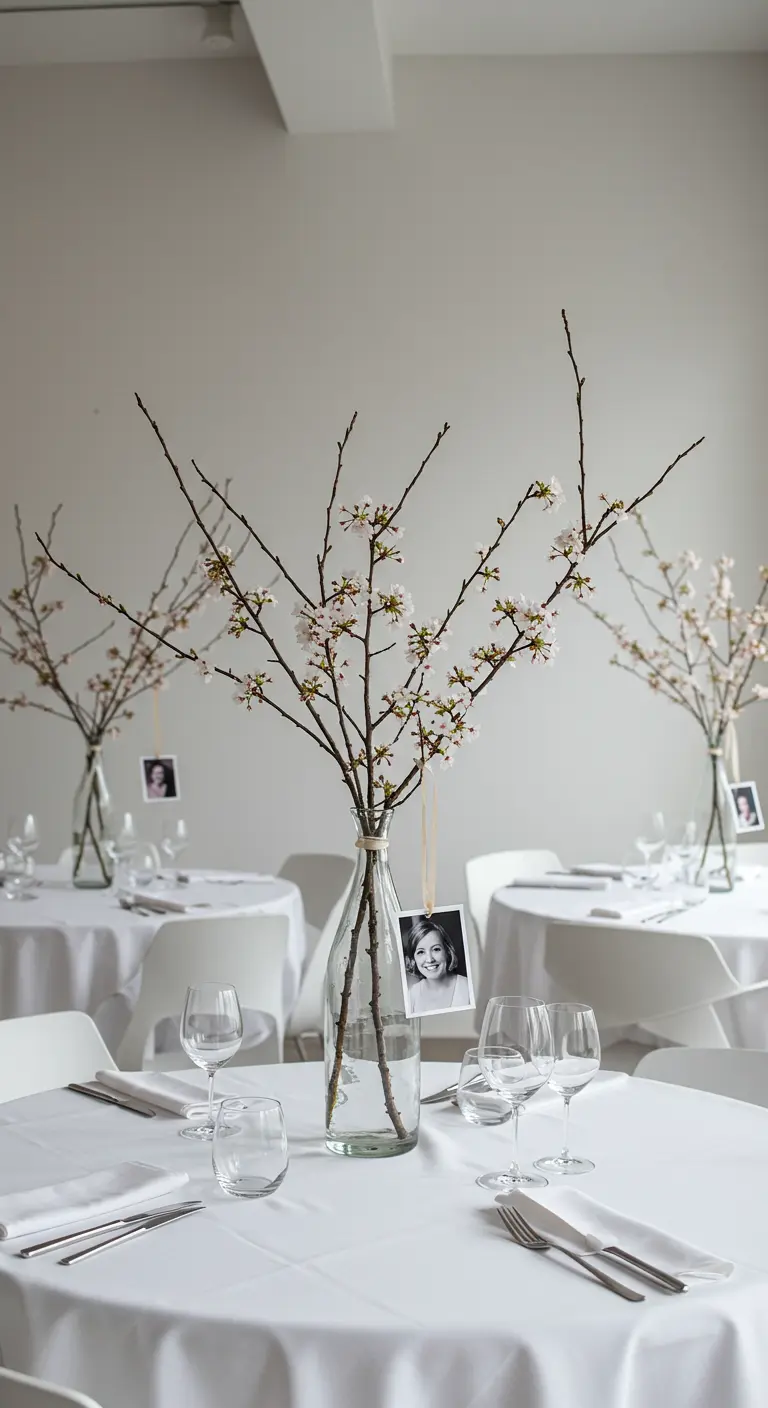 Mesa blanca minimalista con ramas de cerezo en flor en una botella y una pequeña foto colgando.
