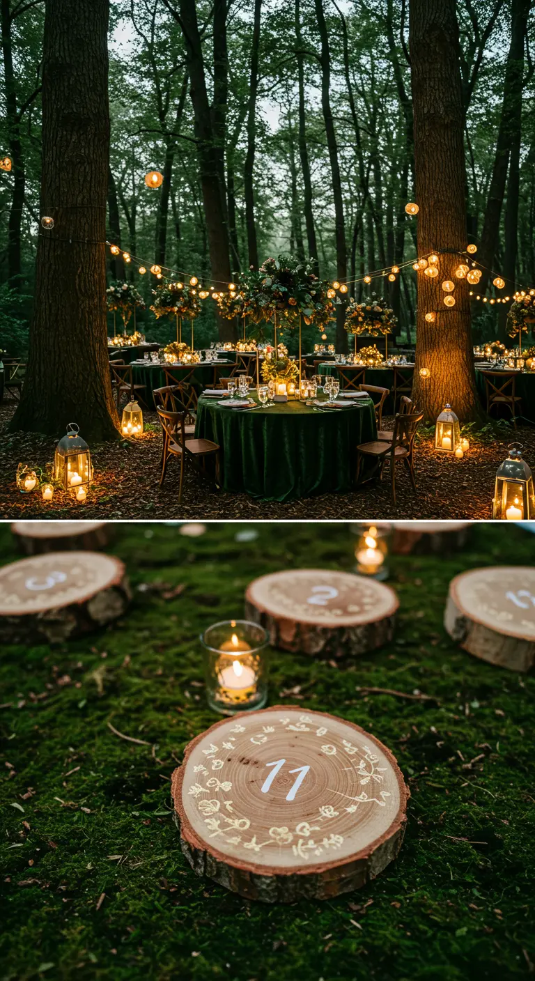 Números de mesa pintados en rodajas de madera sobre musgo, en un bosque iluminado.