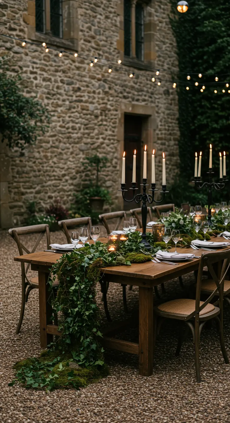 Mesa de boda rústica al aire libre con candelabros negros y un camino de musgo e hiedra.