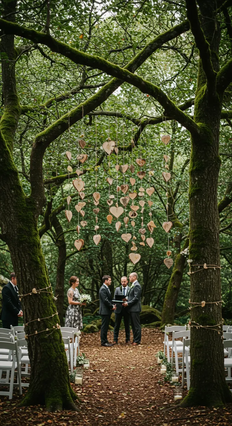 Ceremonia de boda en un bosque con corazones de corteza de árbol colgando.