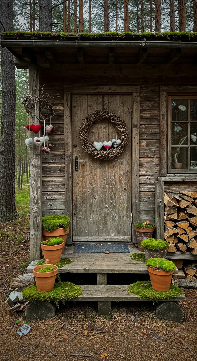 Entrada de una cabaña de madera con corazones de fieltro de lana y una corona de ramas.