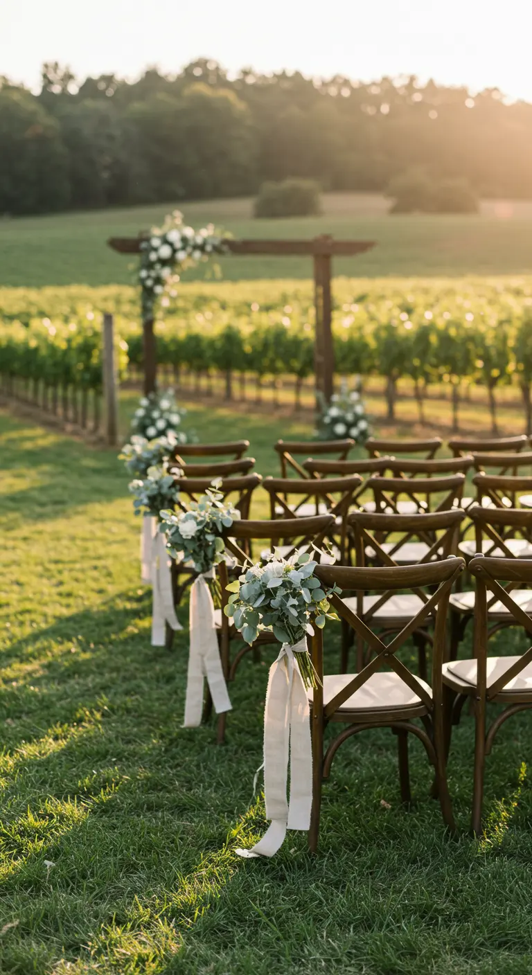 Sillas de madera en un viñedo decoradas con eucalipto y cintas blancas al atardecer.