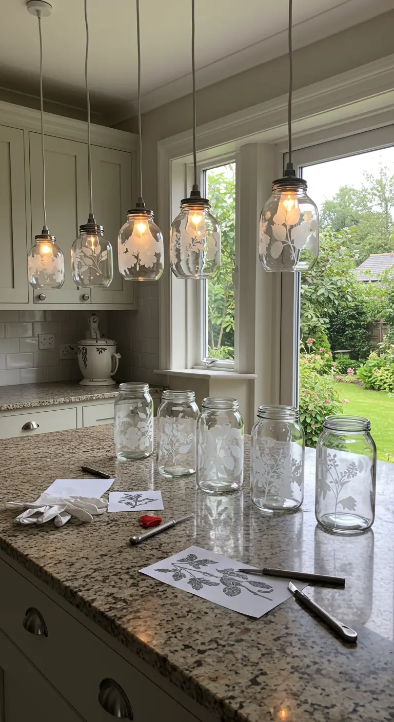 Lámparas colgantes hechas con frascos de vidrio grabados al ácido con delicados motivos florales.