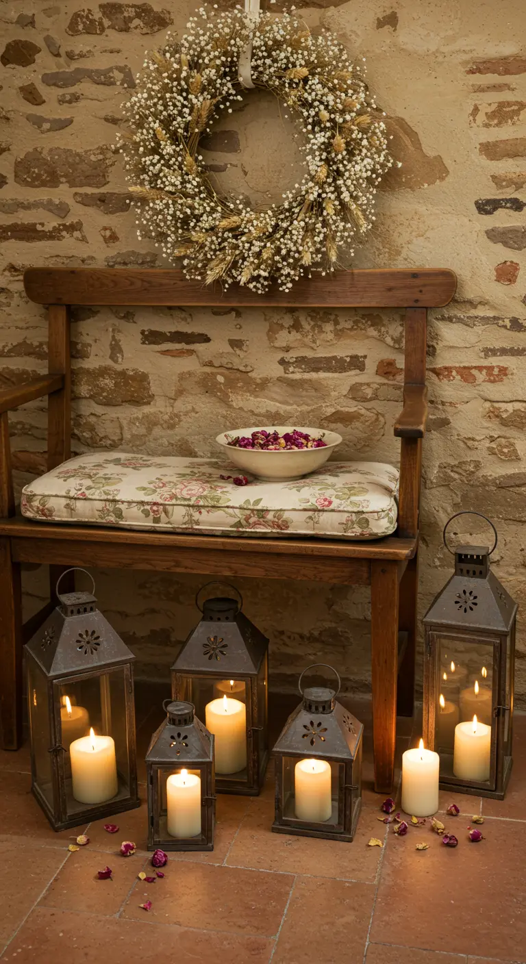 Banco de madera rústico con cojín floral, corona de trigo y faroles con velas en el suelo.