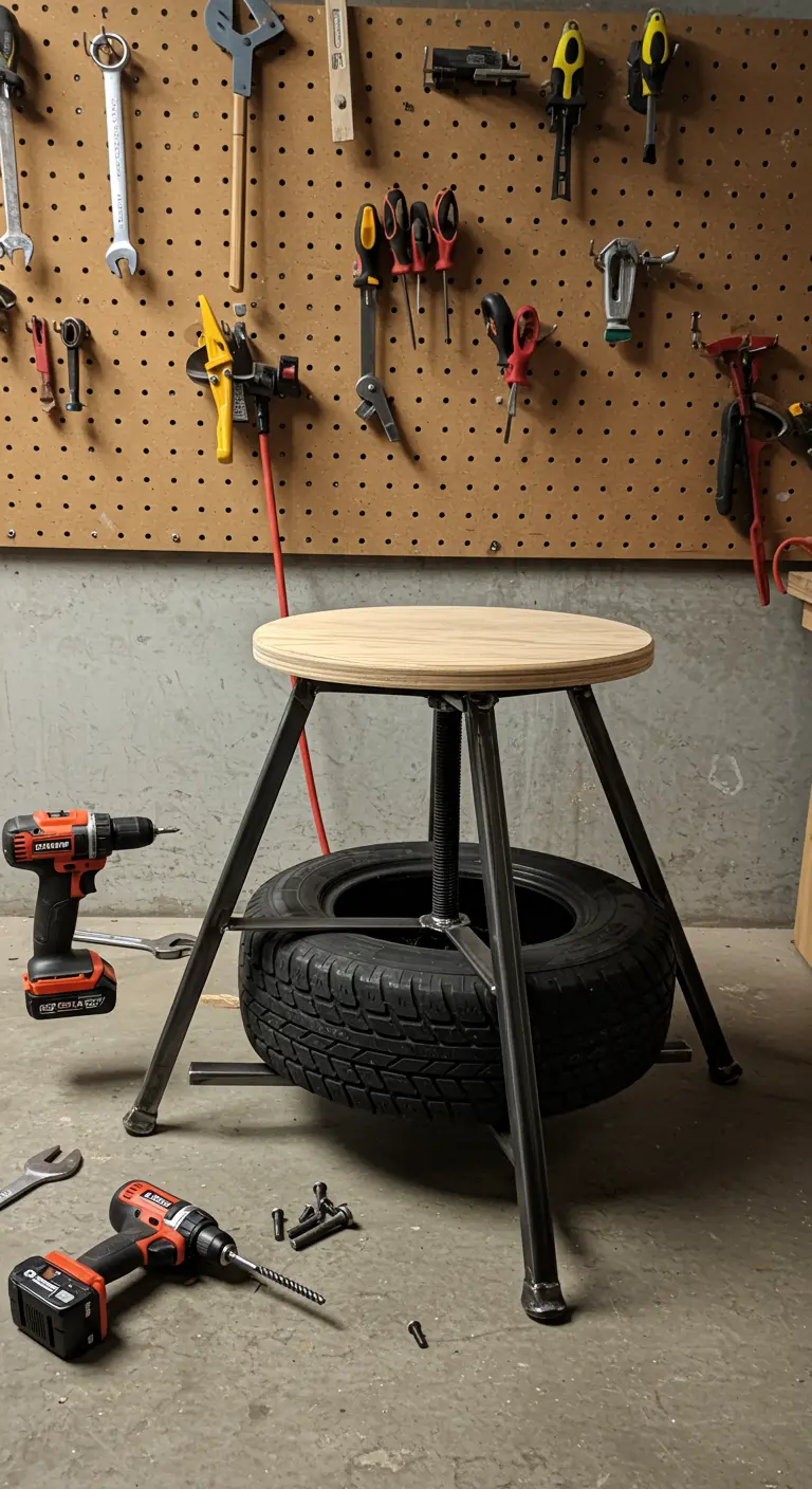 Taburete de taller con patas de metal y asiento de madera, con un neumático en la base.