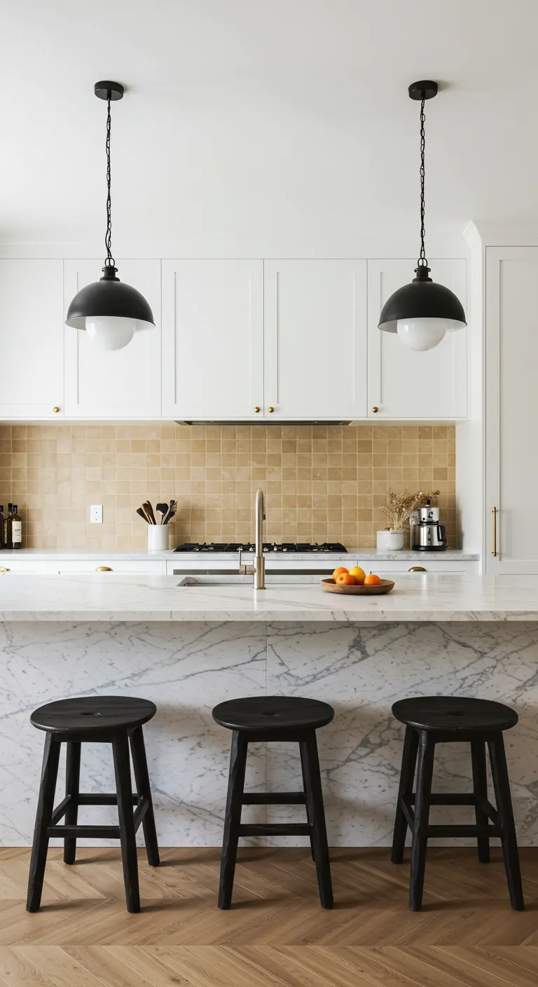 Cocina blanca y moderna con isla de mármol y taburetes altos de madera oscura tallada.