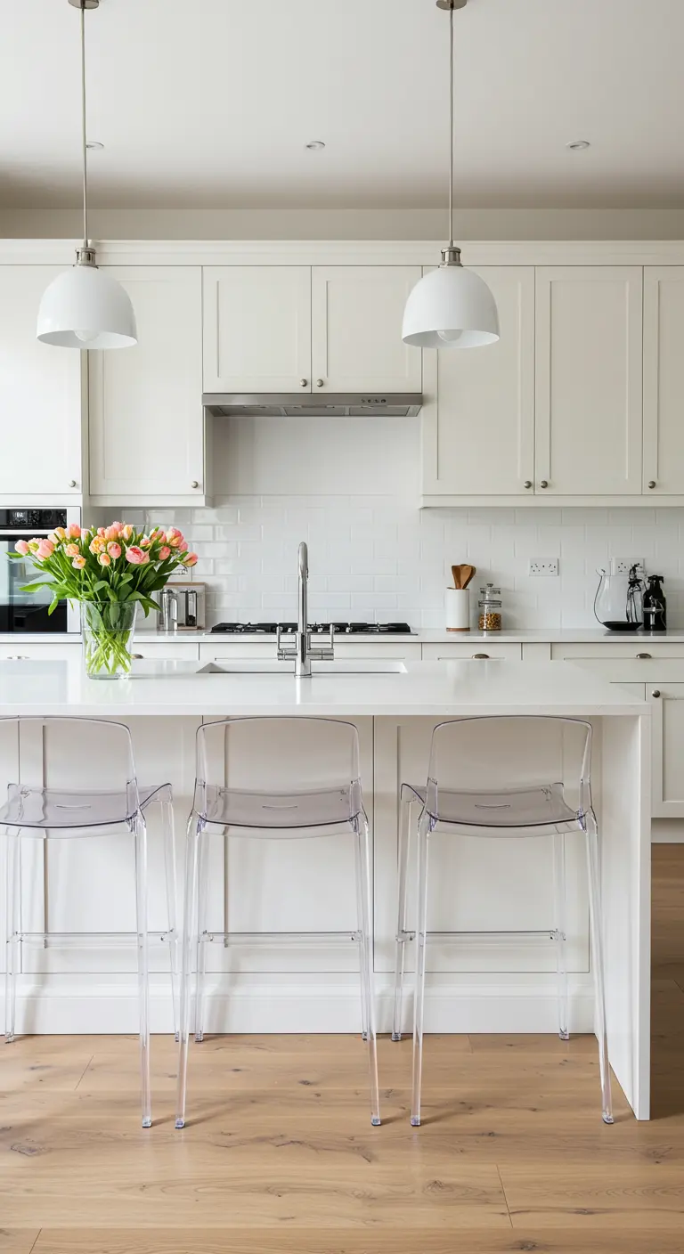 Cocina blanca con isla y tres taburetes altos de acrílico transparente