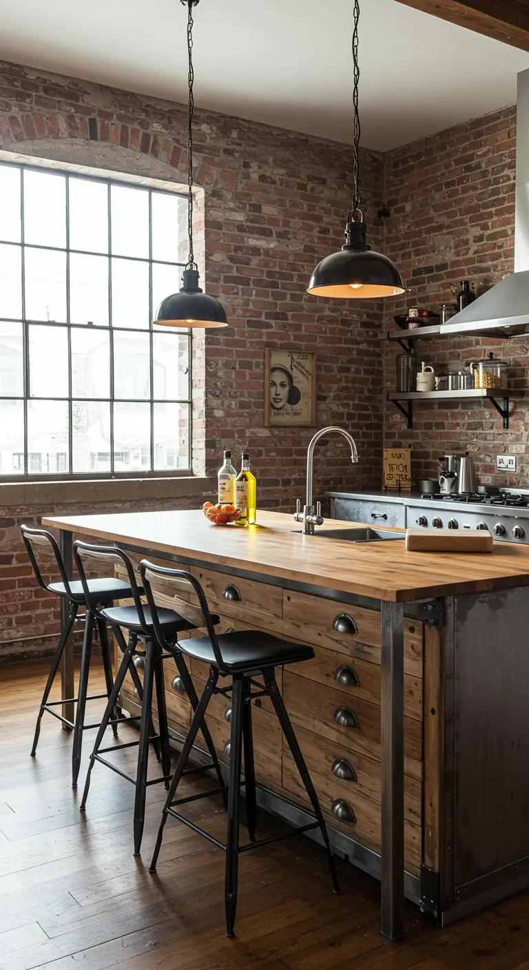Isla de cocina de estilo industrial con encimera de madera y taburetes altos de metal negro.