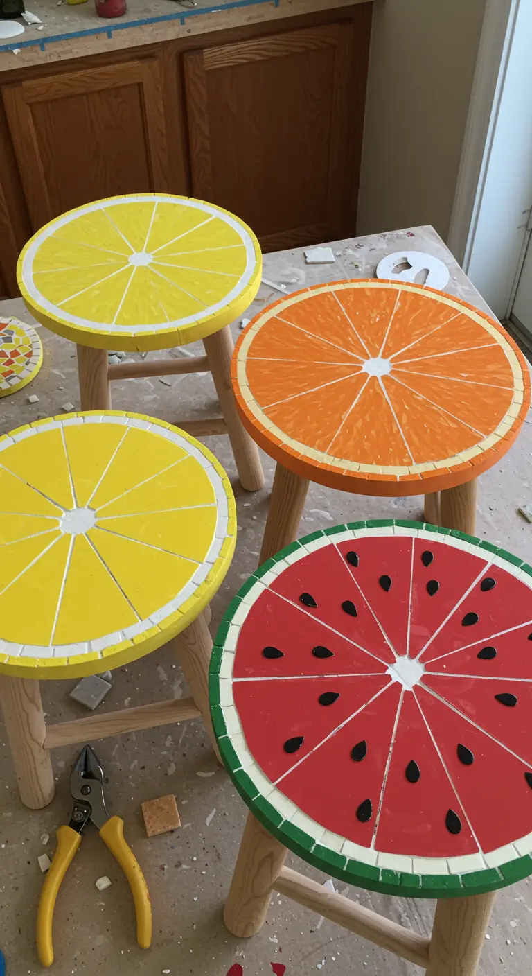 Cuatro taburetes de madera cuyos asientos están decorados con mosaicos que imitan rodajas de limón, naranja y sandía.