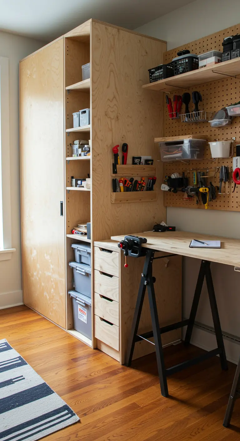 Cama abatible de contrachapado en un taller con pared de tablero perforado para herramientas.