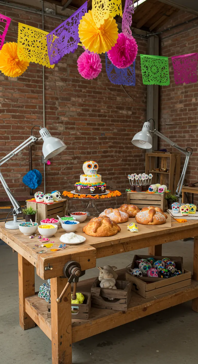 Mesa de dulces sobre un banco de trabajo de madera en un taller con lámparas industriales.