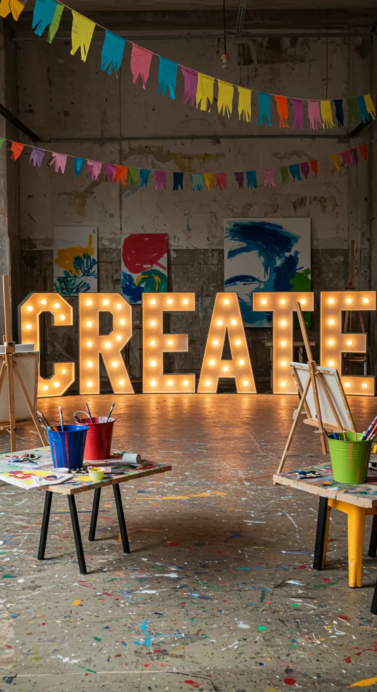 Letras 'CREATE' iluminadas en un estudio de arte con caballetes y materiales para pintar.