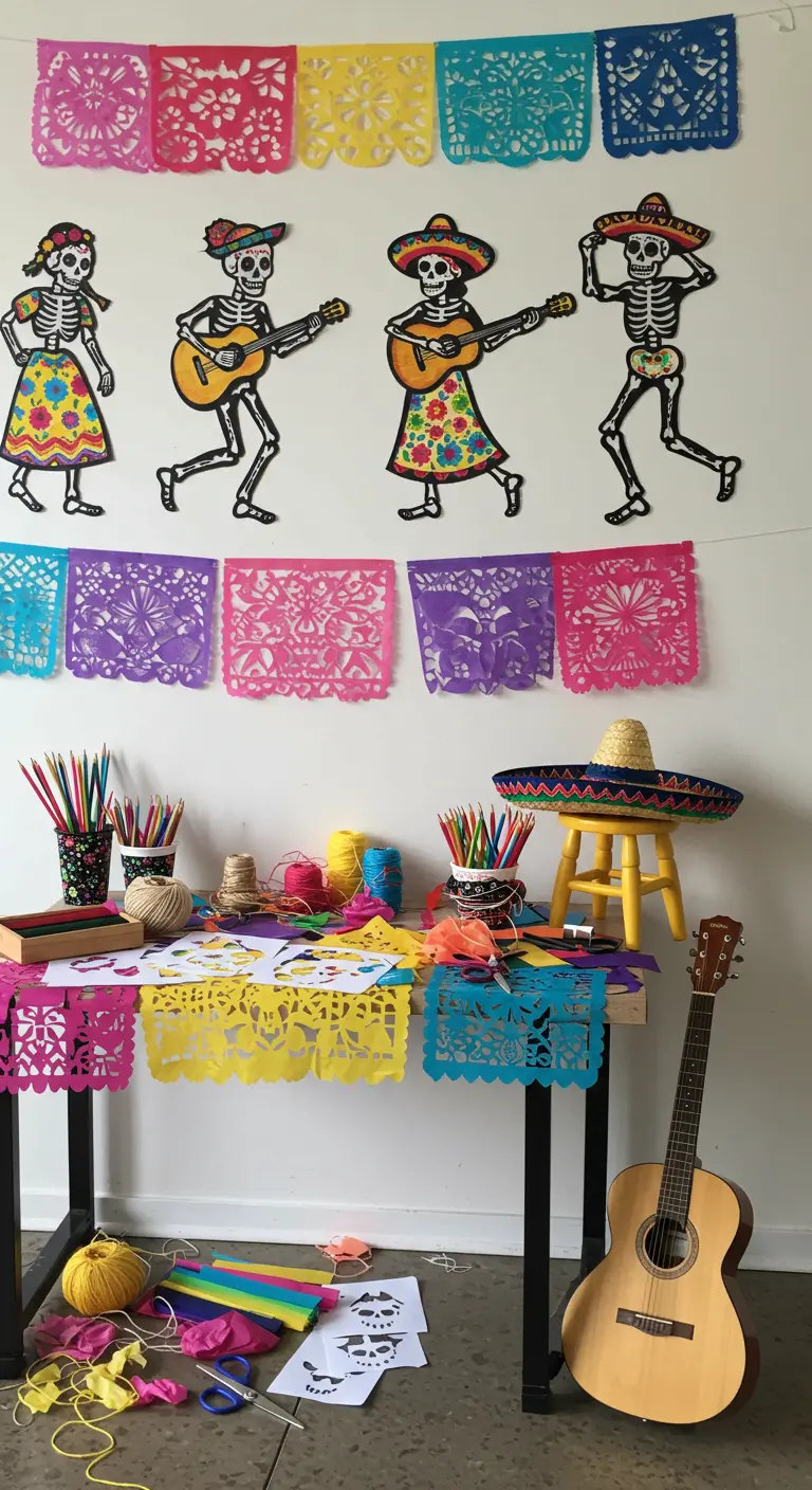 Mesa de manualidades con papel picado, materiales para decorar calaveras y figuras de esqueletos.